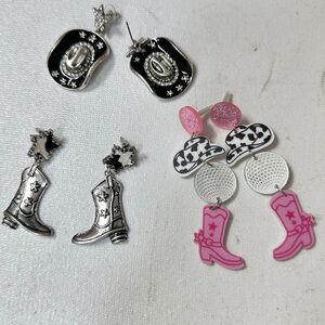 Boot Barn Western Earring Trio Boots Hats Festival Jewelry = Pink Black White